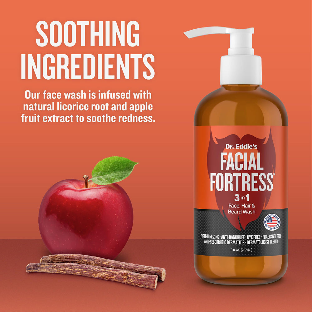 Facial Fortress licorice-apple-soothing highlights natural extracts for gentle care.