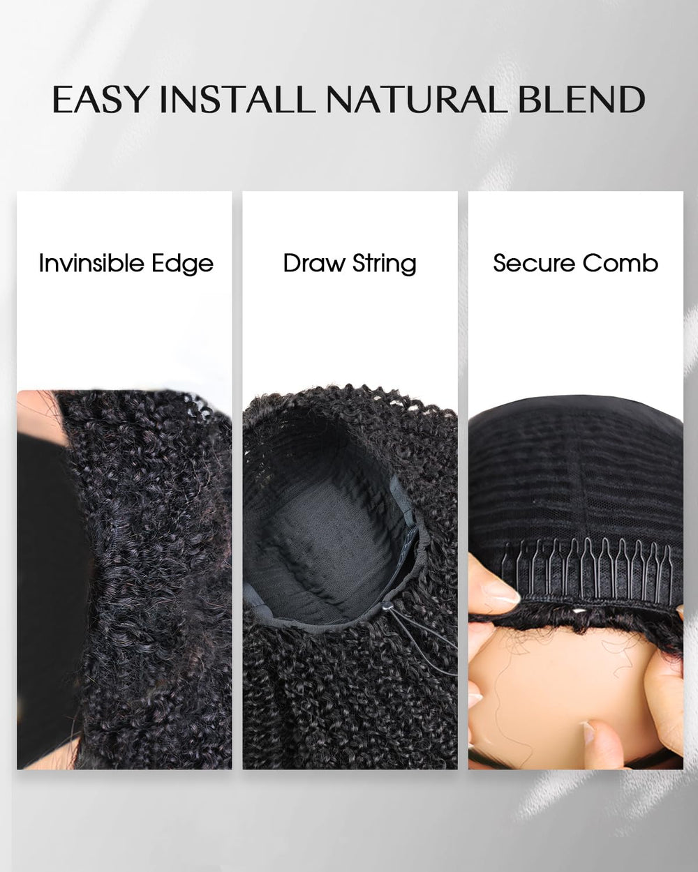 FACMOOD kinky curly half wig invisible hairline for natural-looking blending.