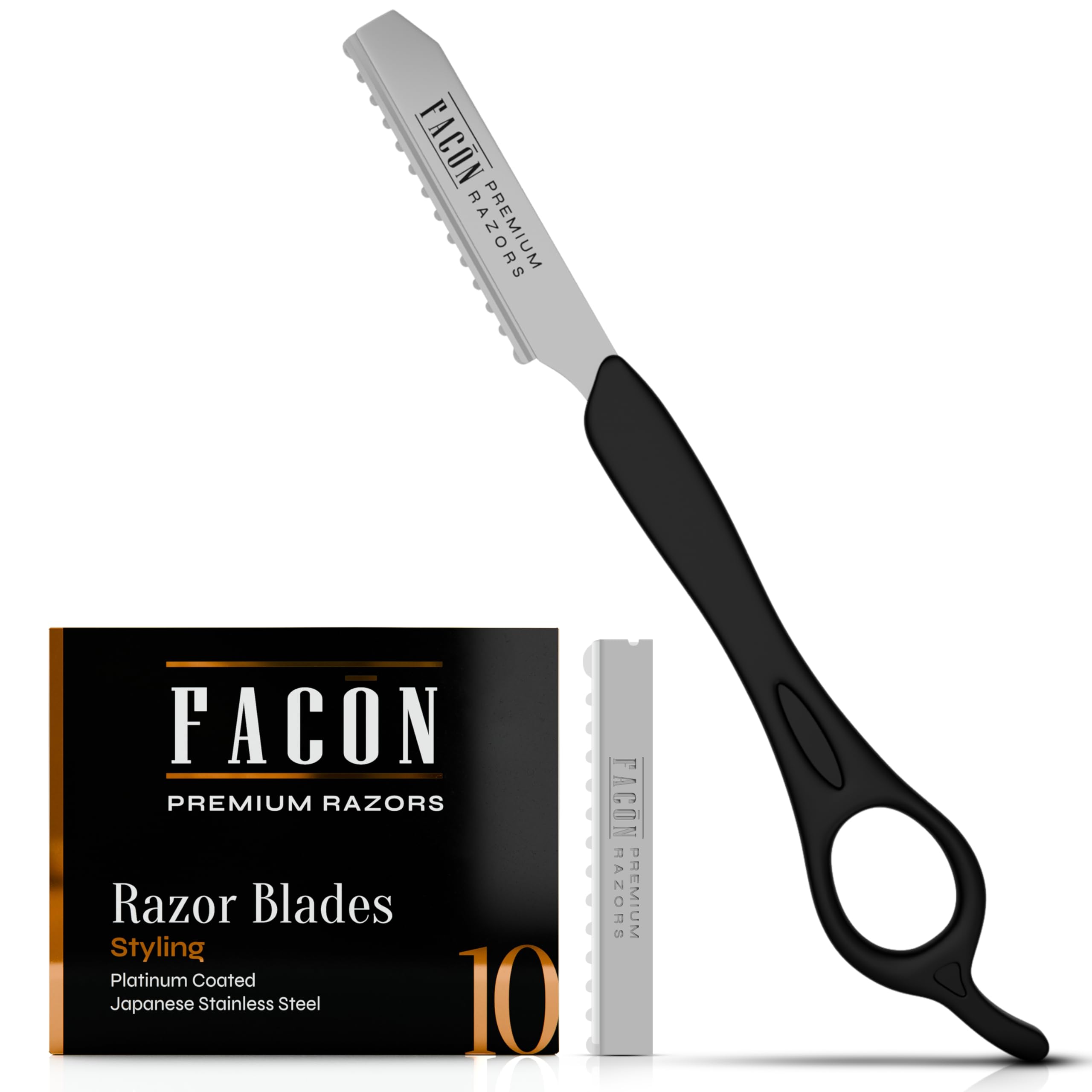 FACON hair razor ergonomic handle closeup for precise cuts and comfortable grip.