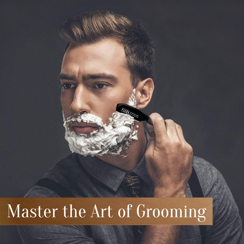 FACON straight razor in hand demonstrates controlled shaving with balance.
