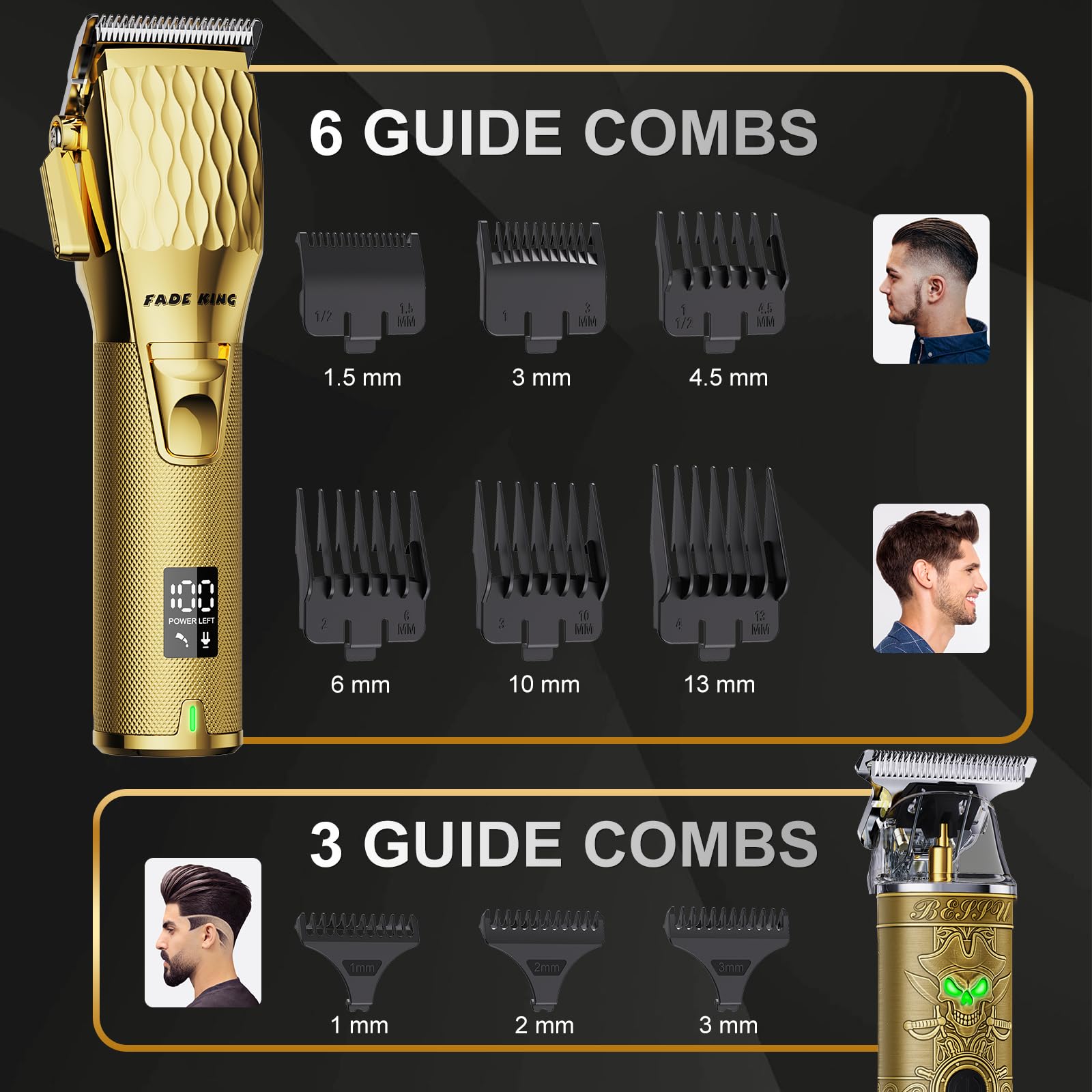FADEKING attachment combs guide illustrating versatile styling for varied hair lengths