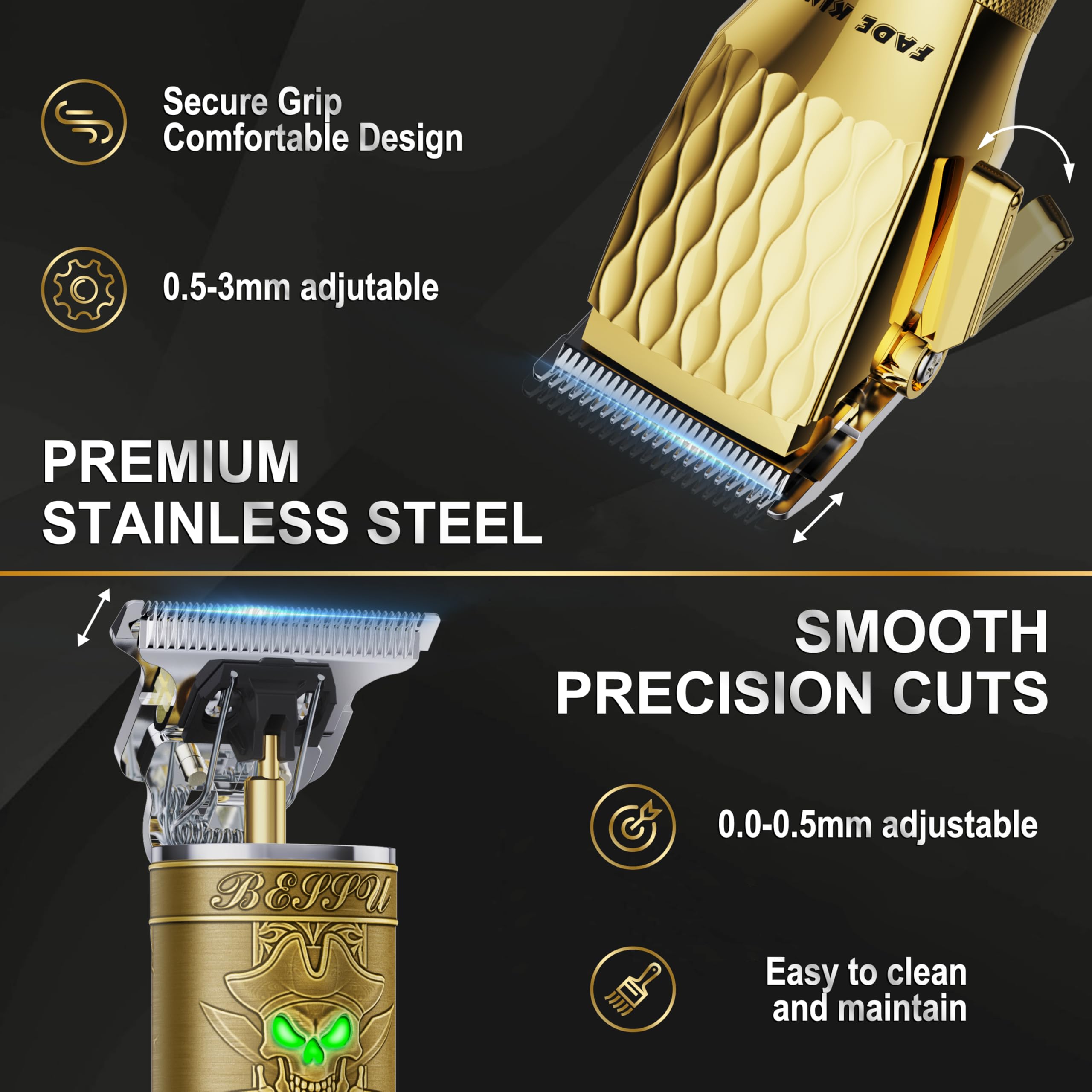 FADEKING beard trimmer side profile highlighting comfortable grip for quick grooming