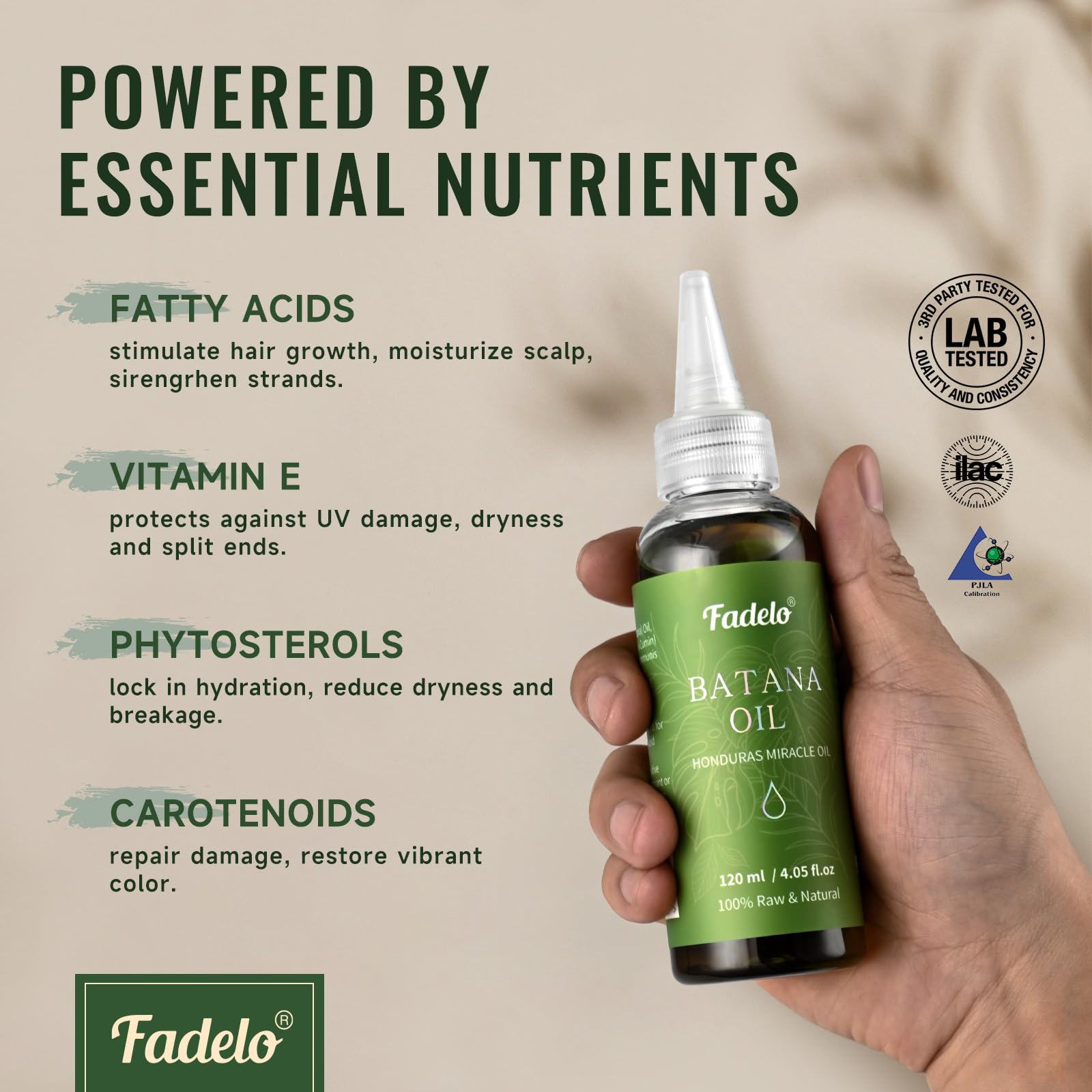 Fadelo Batana Oil ingredients close-up emphasizes omega-rich nourishment for scalp.