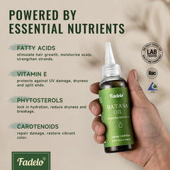 Fadelo Batana Oil ingredients close-up emphasizes omega-rich nourishment for scalp.
