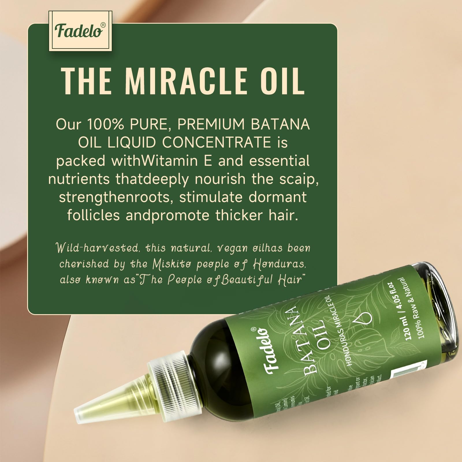 Fadelo Batana Oil packaging communicates value and premium quality.