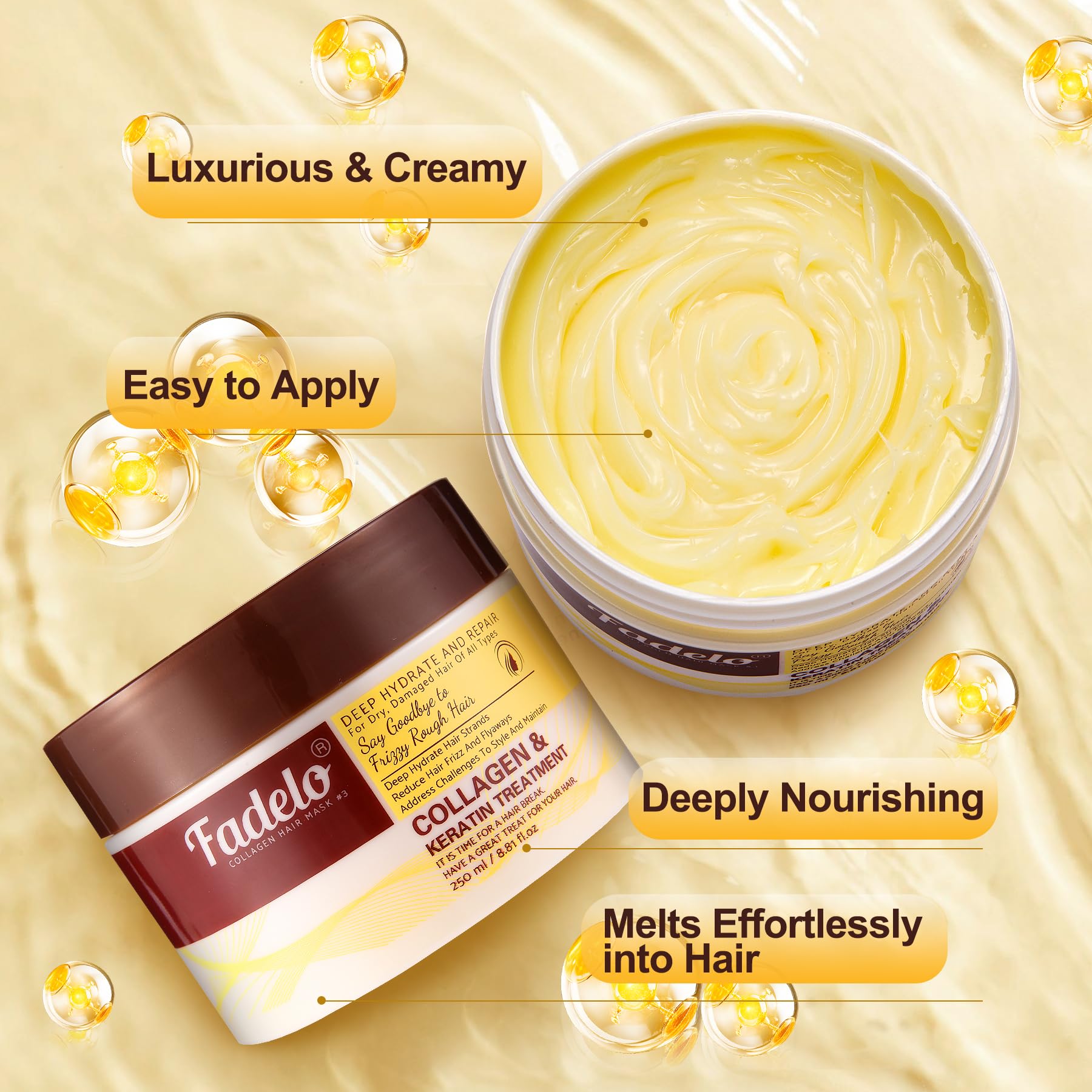 Ingredients lineup includes collagen, keratin, vitamin E, and argan oil in Fadelo mask.