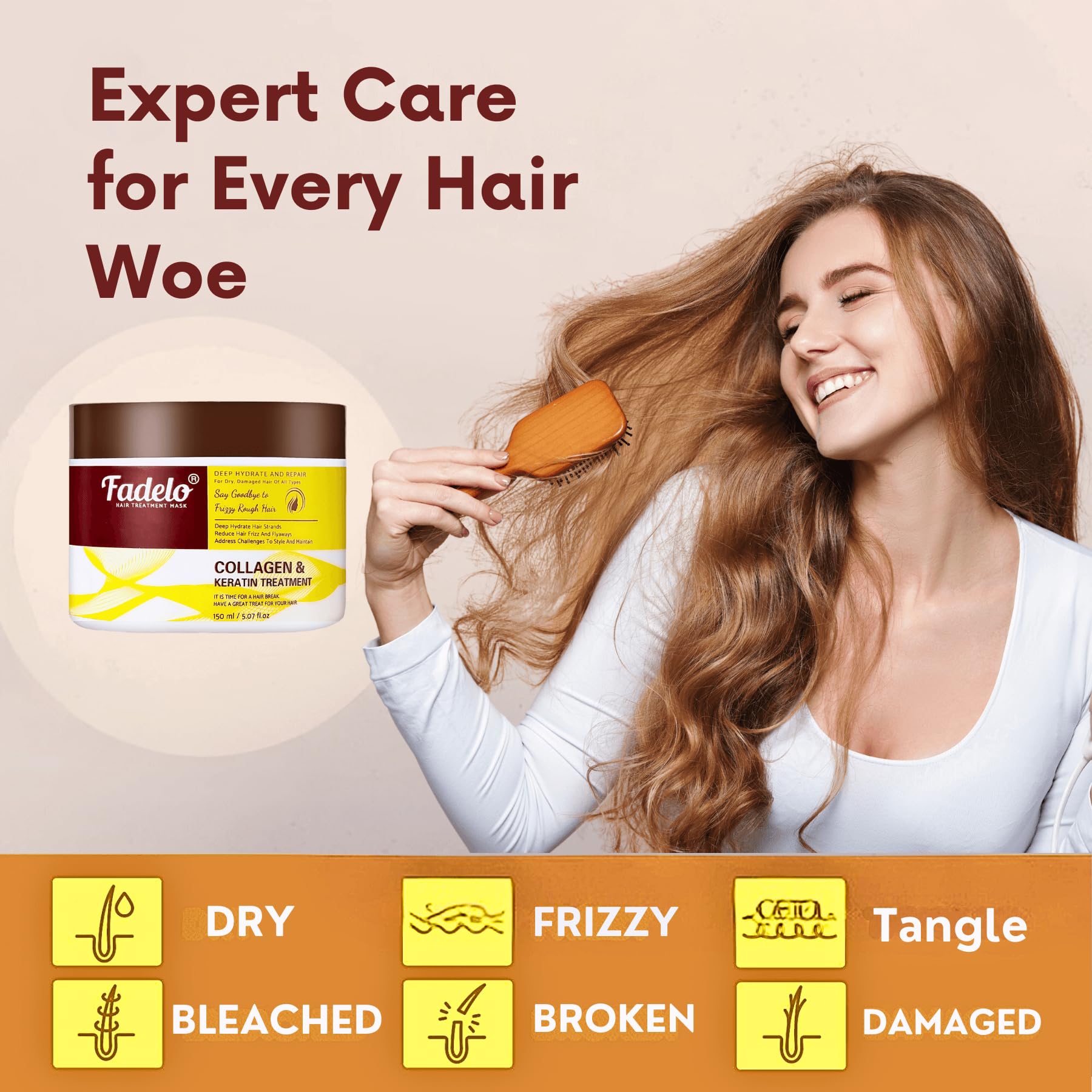 Model applying Fadelo mask to hair sections for easy at-home care.