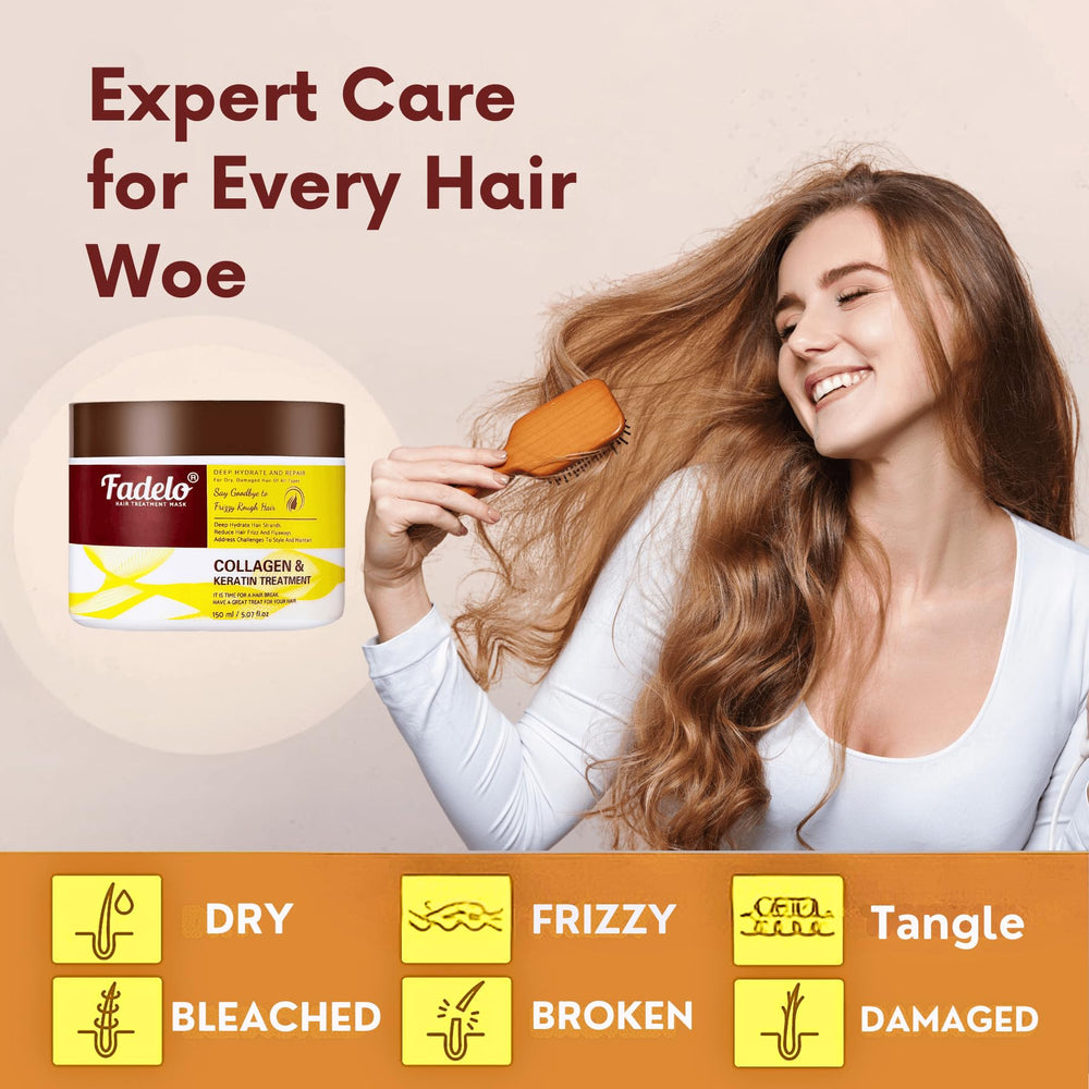 Model applying Fadelo mask to hair sections for easy at-home care.