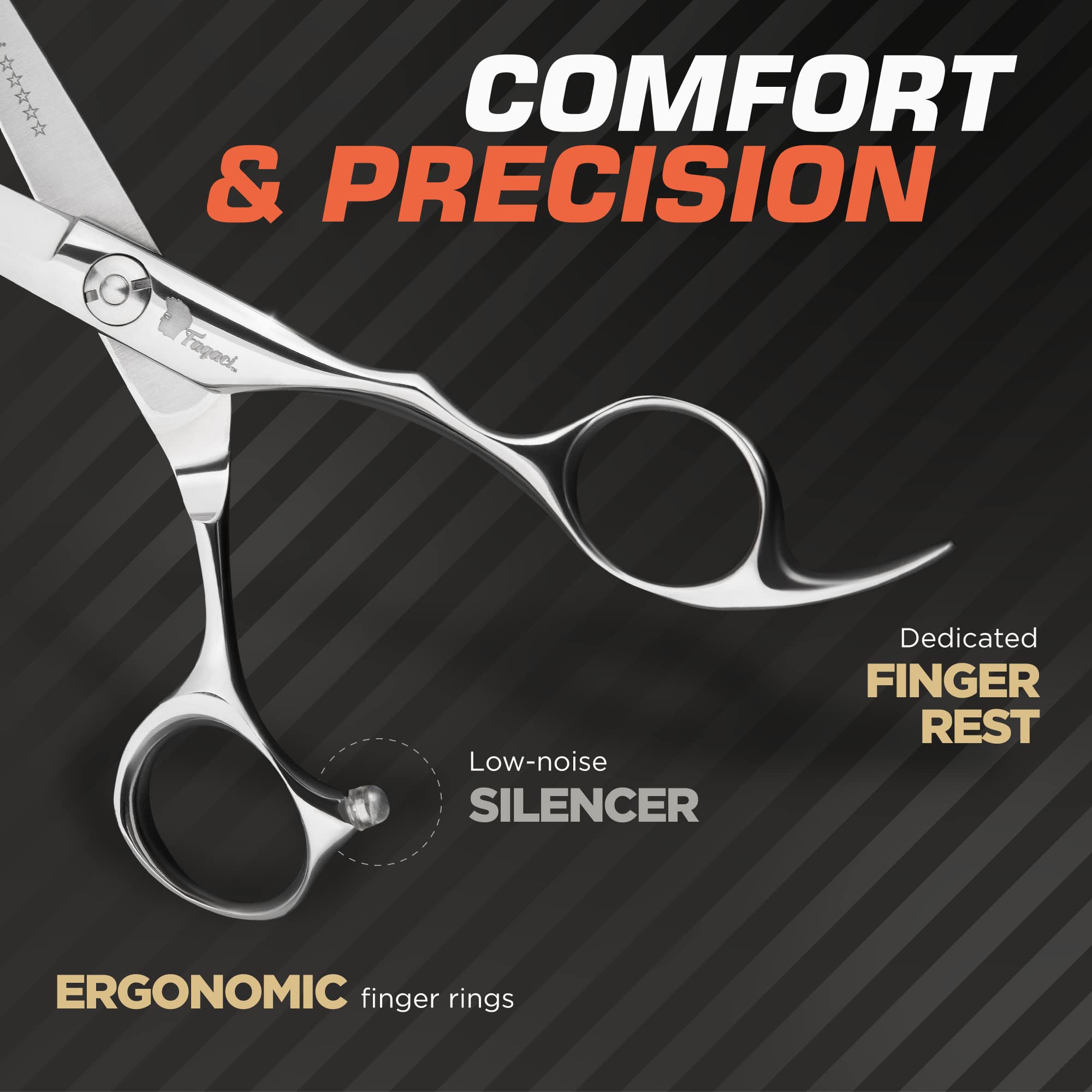 Fagaci hair scissors cutting action showing blunt and textured cuts with precision.