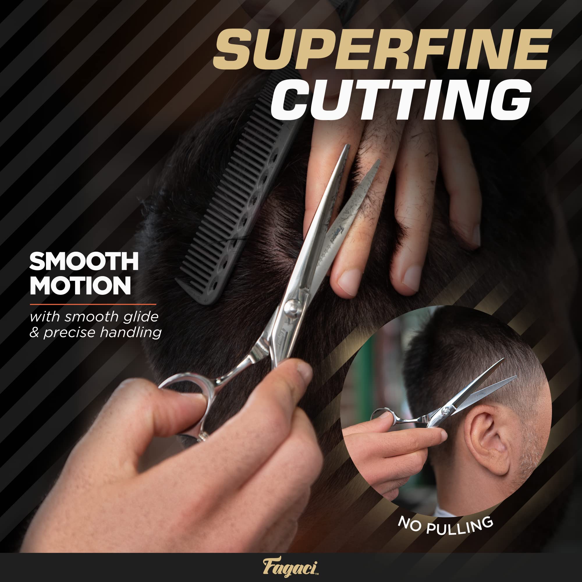 Fagaci hair scissors in use in a barber kit for controlled styling.