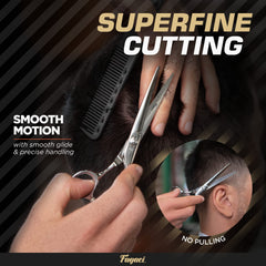 Fagaci hair scissors in use in a barber kit for controlled styling.