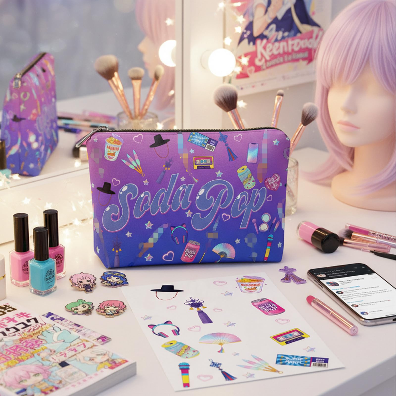 FAHMJMYBD Soda Pop cosmetic bag gradient side, vibrant travel accessory.