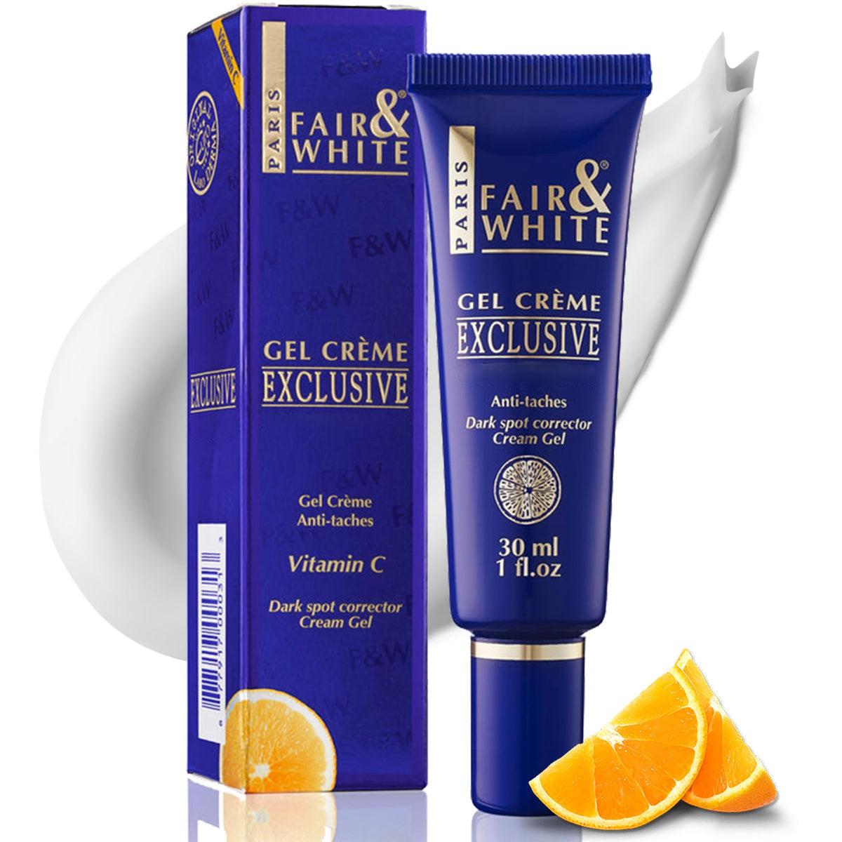 FAIR & WHITE exclusive-brightening-gel-cream jar closeup suggesting radiant, even-toned skin.