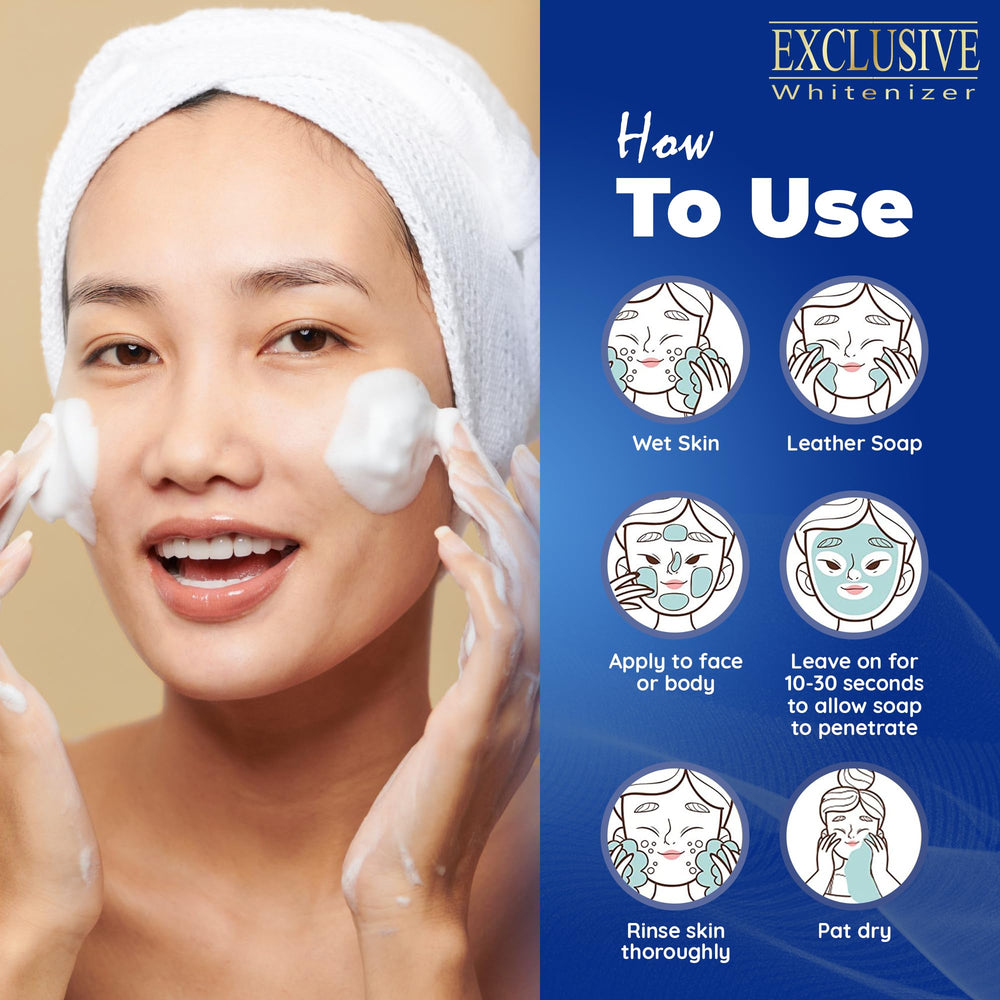 FAIR & WHITE Exclusive Exfoliating Soap moisturizing action highlighted by glycerin for hydrated skin.