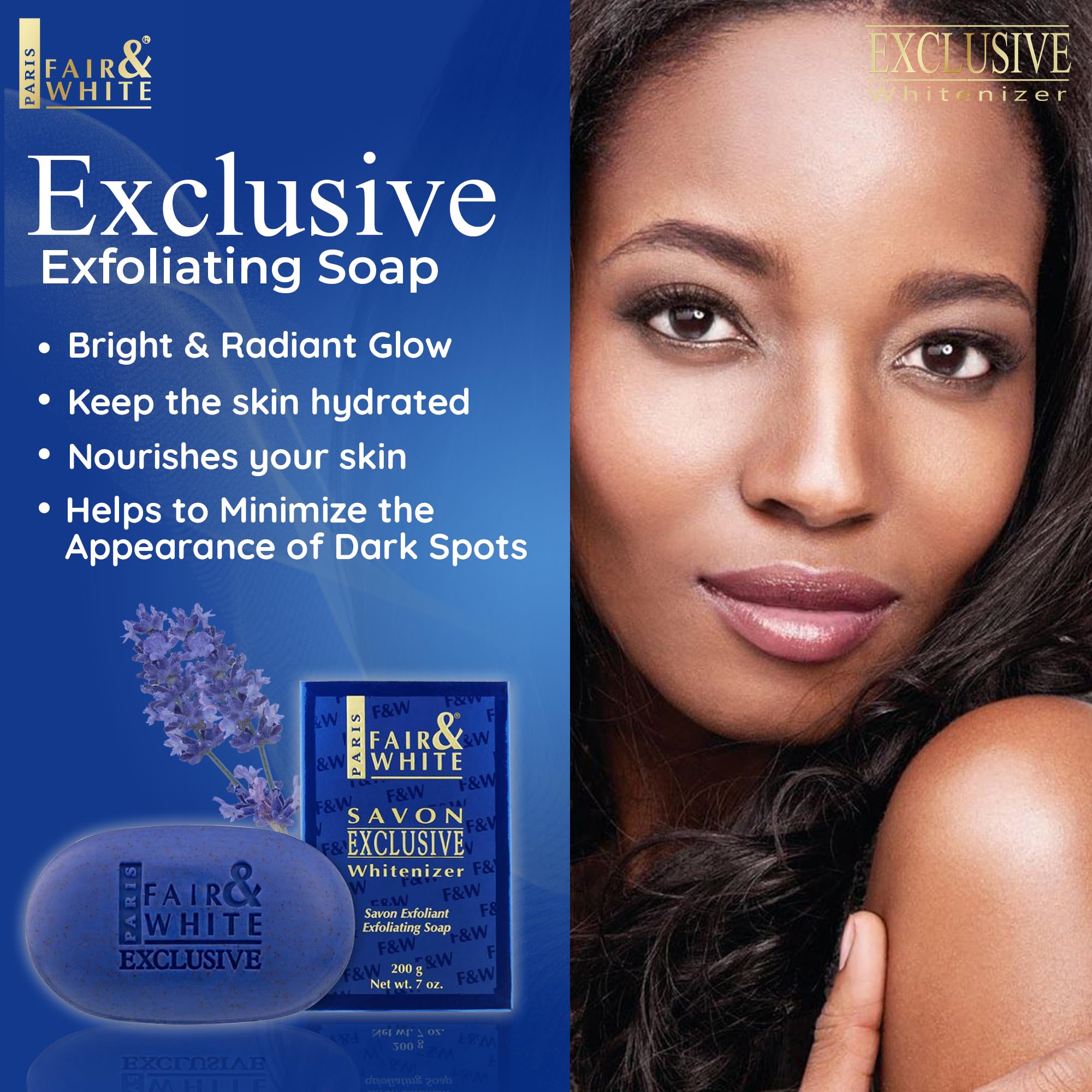 FAIR & WHITE Exclusive Exfoliating Soap rich-lather demonstrates creamy cleansing experience.