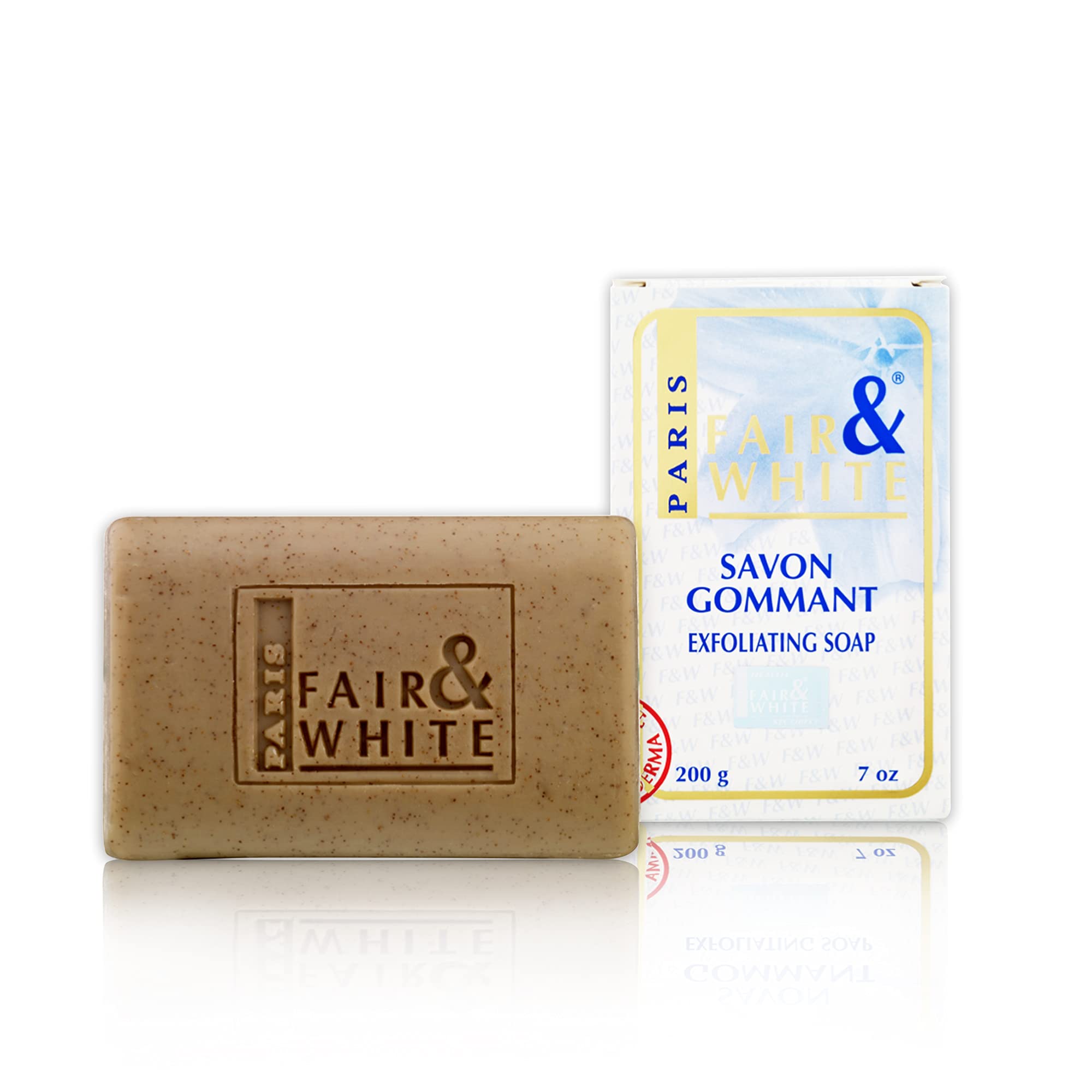 FAIR & WHITE Original Exfoliating Soap bar shot highlights cleansing and skin brightening potential.