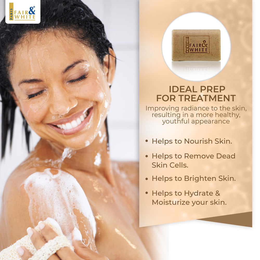 FAIR & WHITE Original Exfoliating Soap close-up highlights skin texture improvement potential.