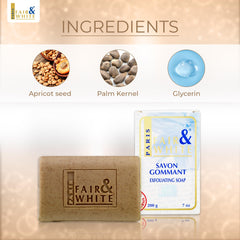 FAIR & WHITE Original Exfoliating Soap lather image suggests gentle exfoliation and radiant skin.