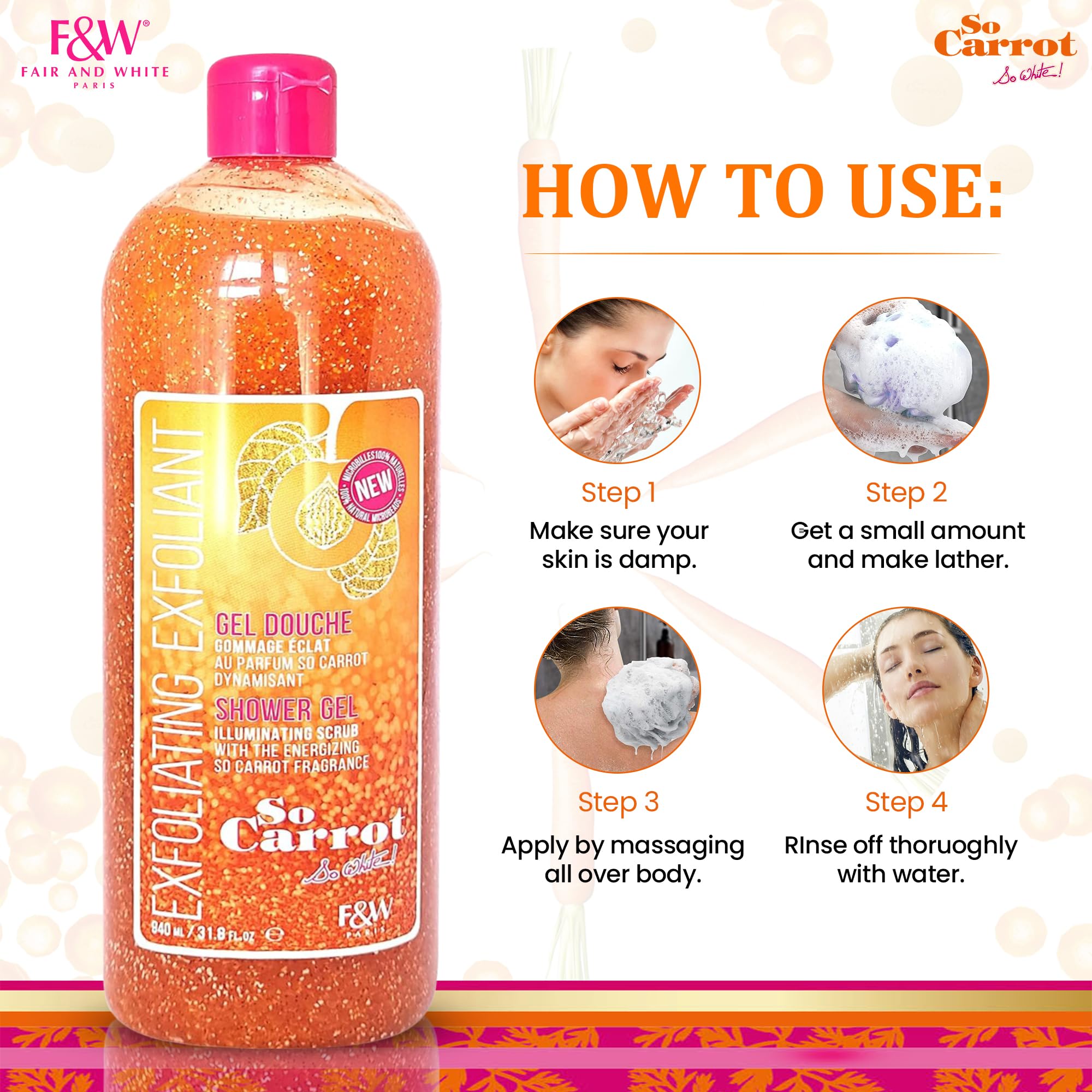 FAIR & WHITE So Carrot Body Wash leaves silky, hydrated skin after shower