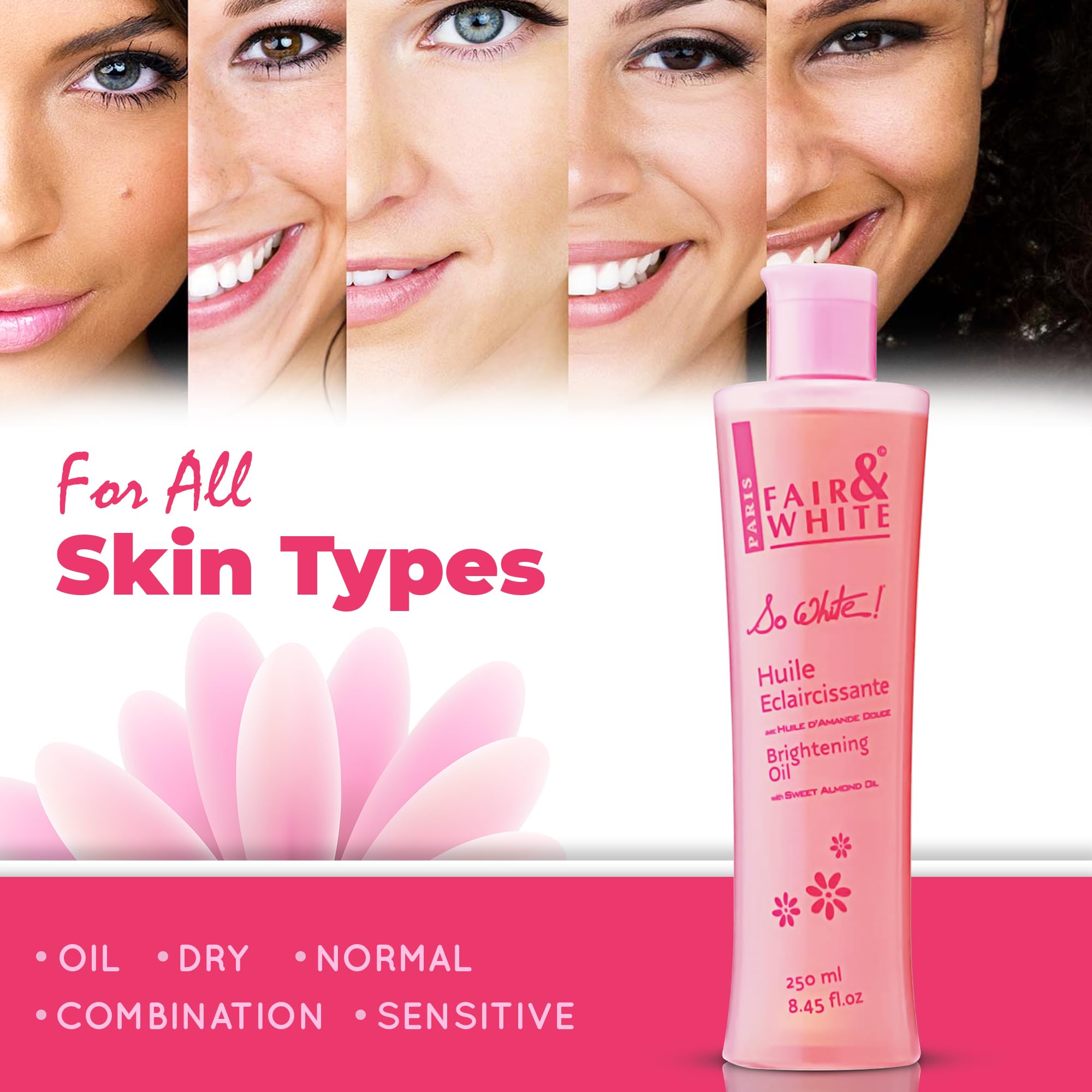 FAIR & WHITE So White Body Oil bathroom-setup communicates easy daily ritual and hydration routine.