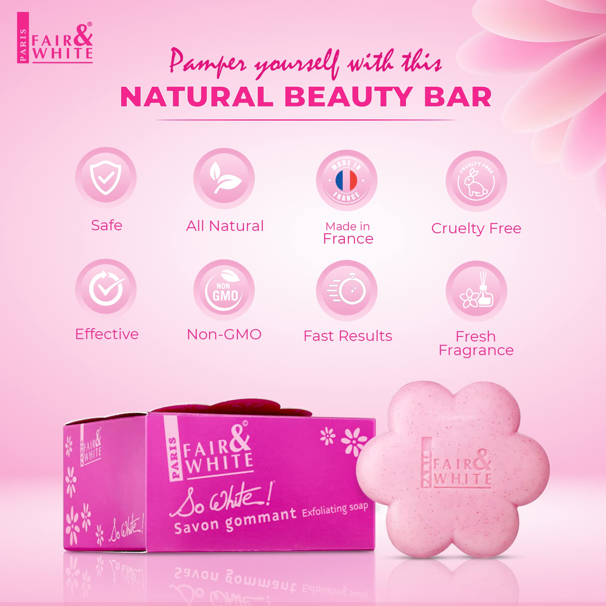 Fair & White So White soap body application shows even cleansing for smoother skin.