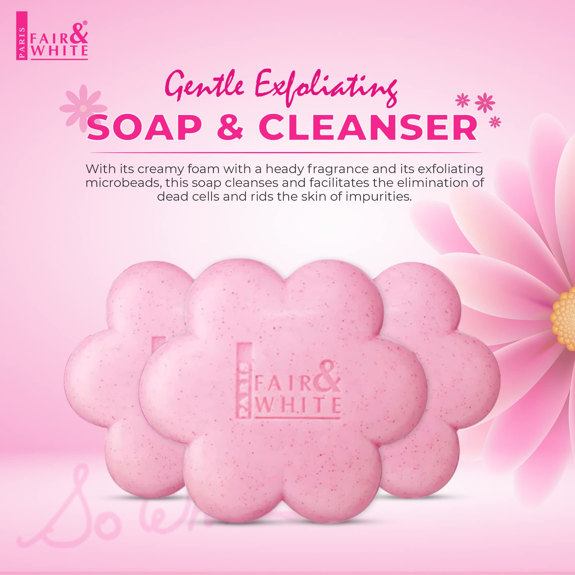 Fair & White So White soap bar closeup reveals a smooth exfoliating texture.