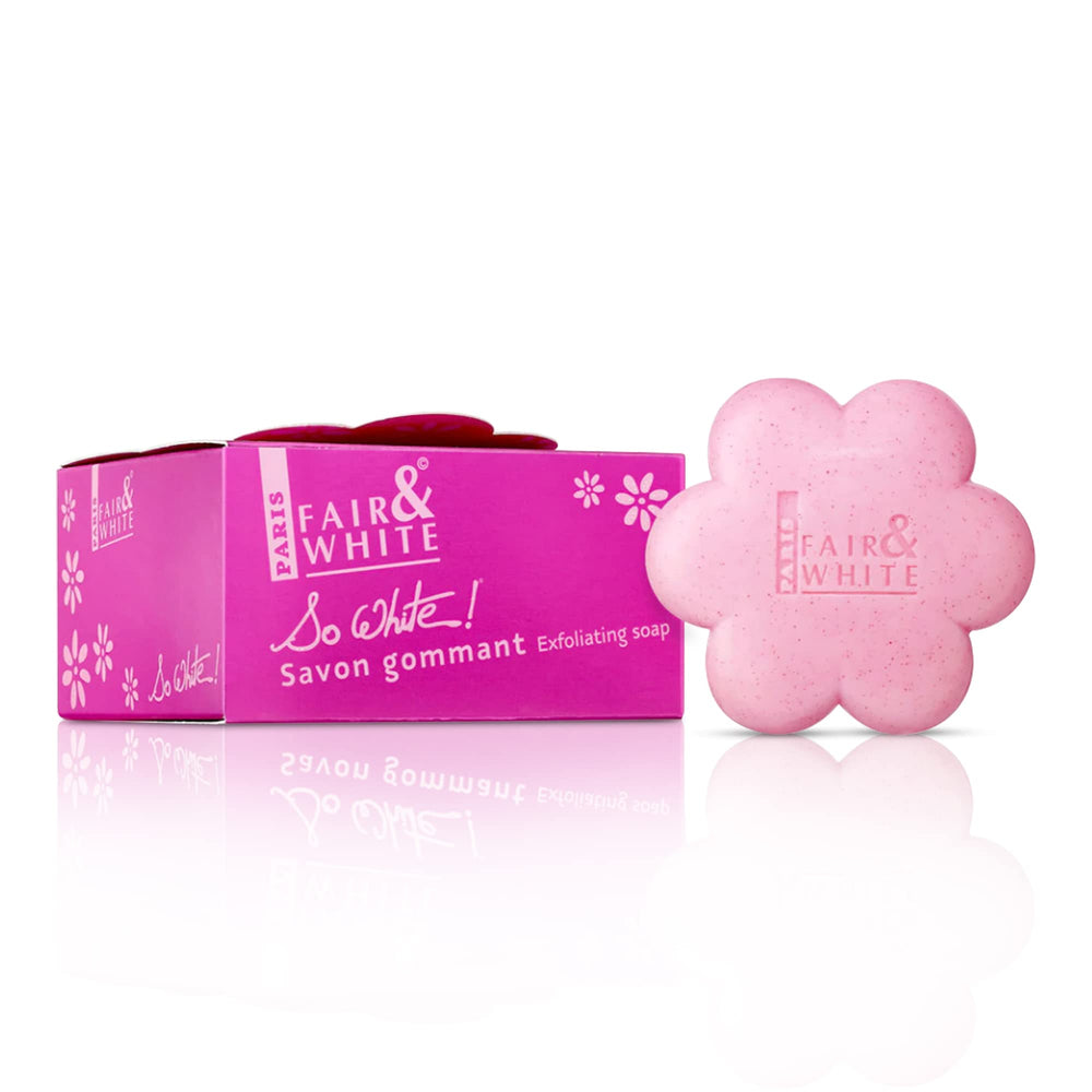 Fair & White So White soap bar packaging highlights premium design for daily brightening.