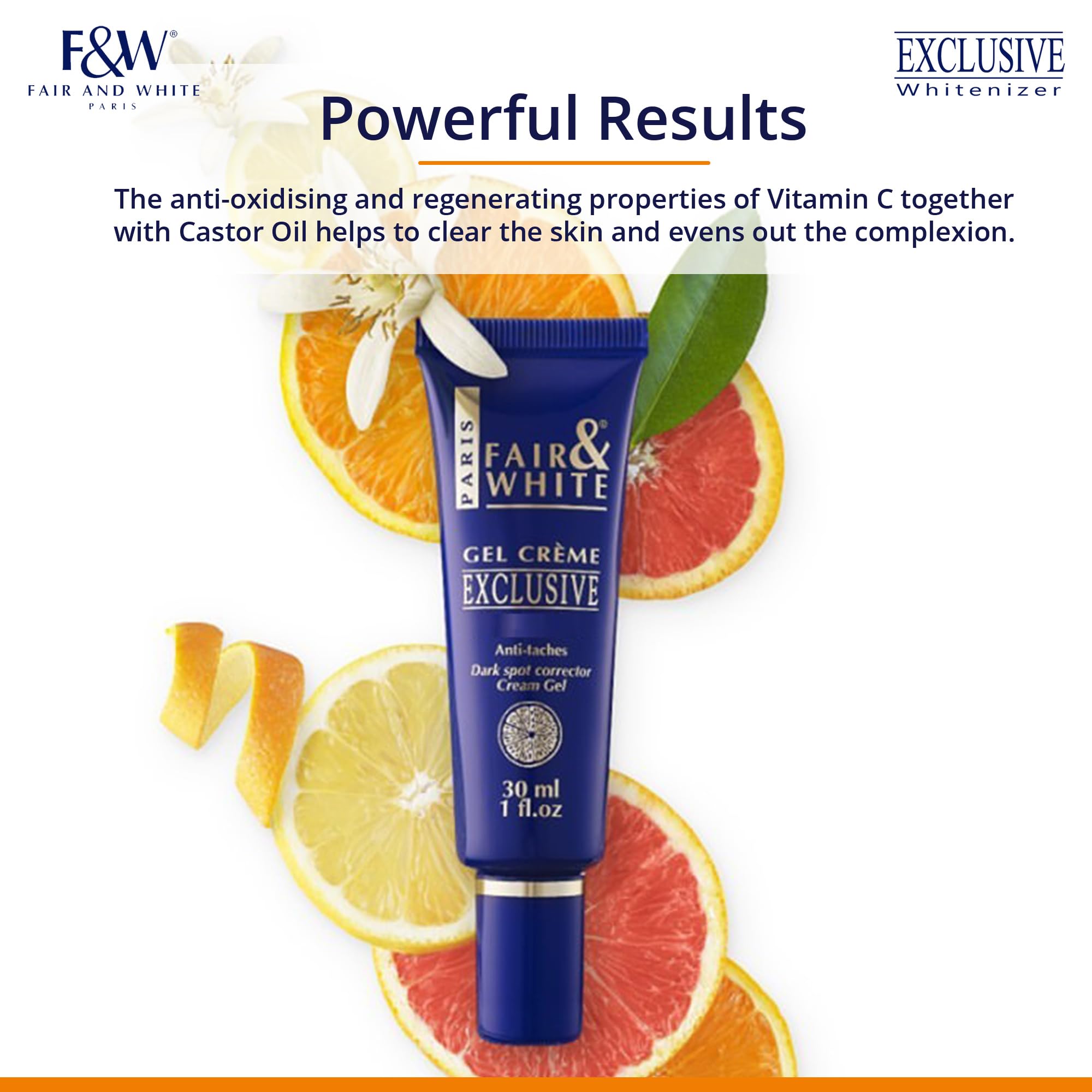 FAIR & WHITE label highlights Vitamin C, glycerin and castor oil benefits.