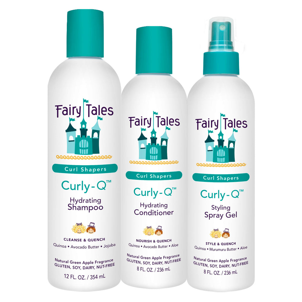Fairy Tales Curly Q shampoo bottle shows gentle cleansing for kids' curls