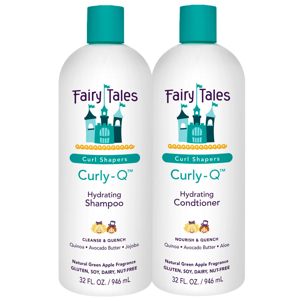 Fairy Tales Curly-Q shampoo bottle delivering gentle curl hydration for kids.