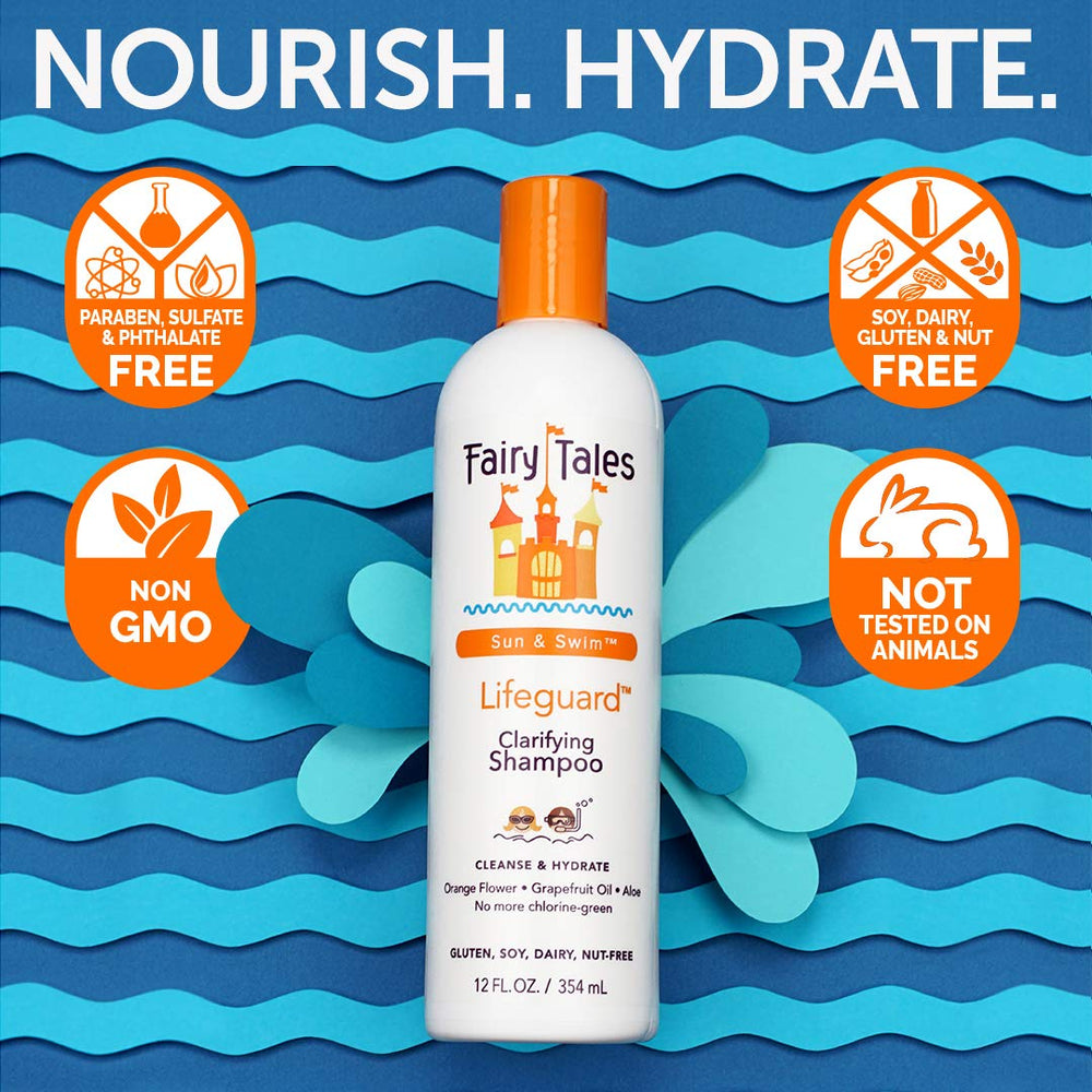 Fairy Tales Swim natural ingredients graphic highlights grapefruit peel and pineapple extracts.