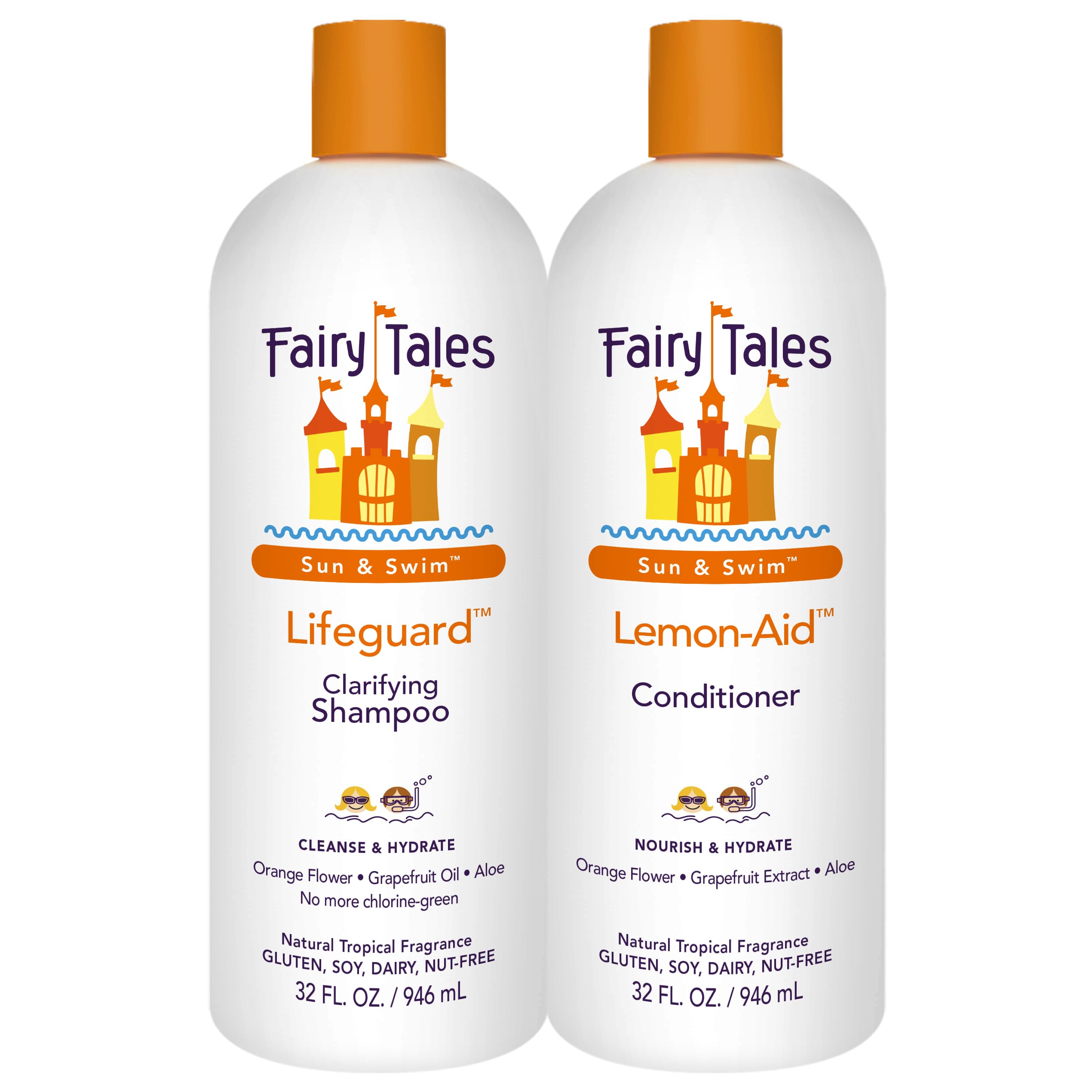 Fairy Tales Swim Shampoo 32oz bottle shown, helps remove chlorine after pool days