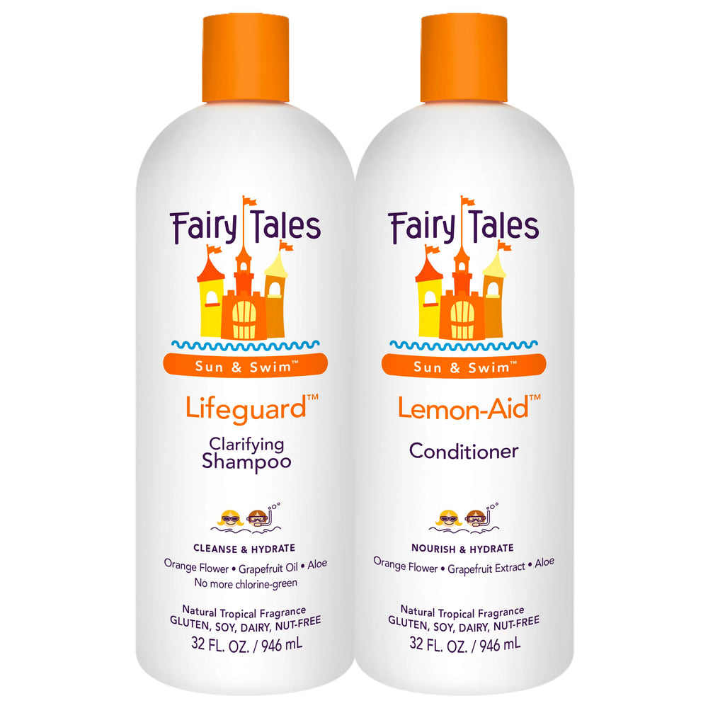Fairy Tales Swim Shampoo 32oz bottle shown, helps remove chlorine after pool days