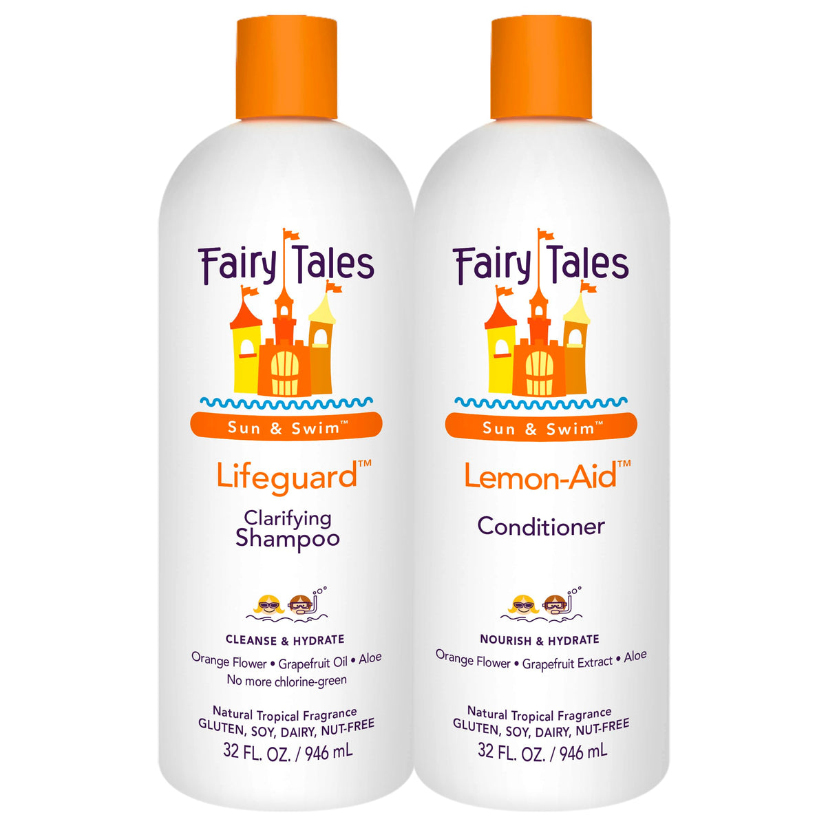 Fairy Tales Swim Shampoo 32oz bottle shown, helps remove chlorine after pool days