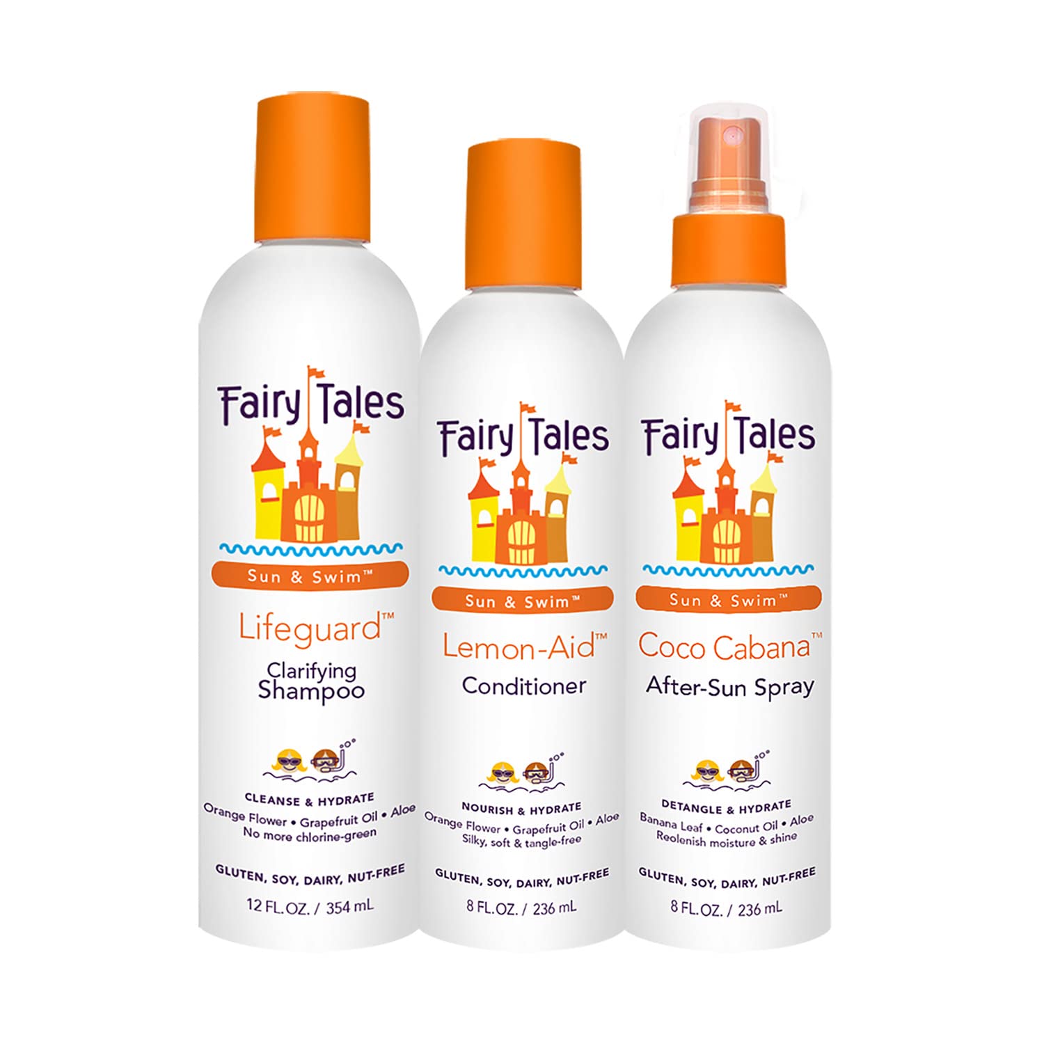 Fairy Tales Swim Shampoo bottle demonstrates gentle cleansing for chlorine-exposed kid hair.
