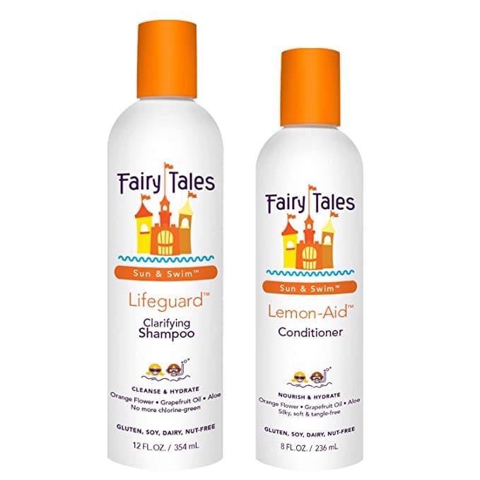 Fairy Tales Swim Shampoo bottle promotes gentle cleansing for kids' chlorine-prone hair