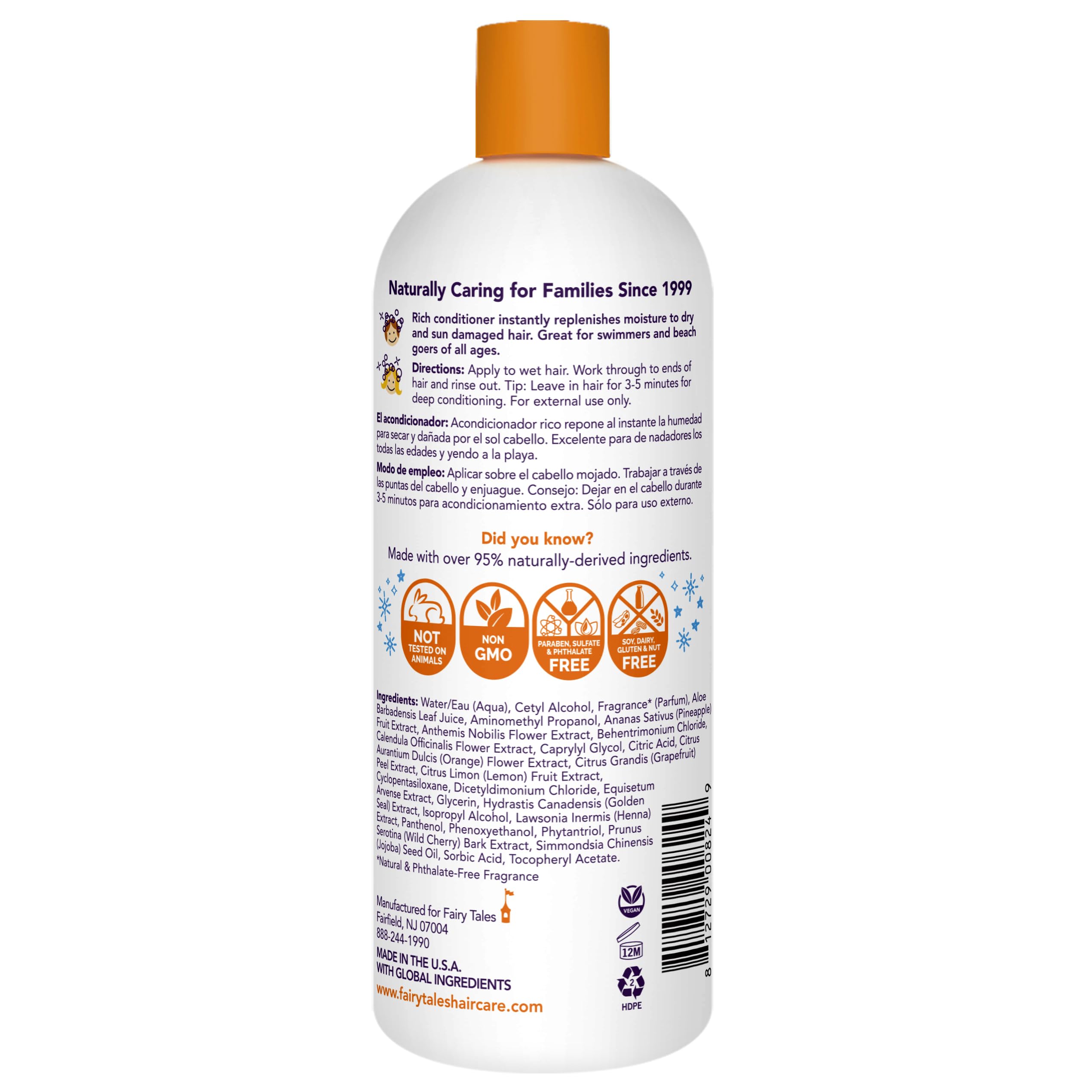 Fairy Tales Swimmer Conditioner kids label close-up highlights natural ingredients for gentle conditioning.