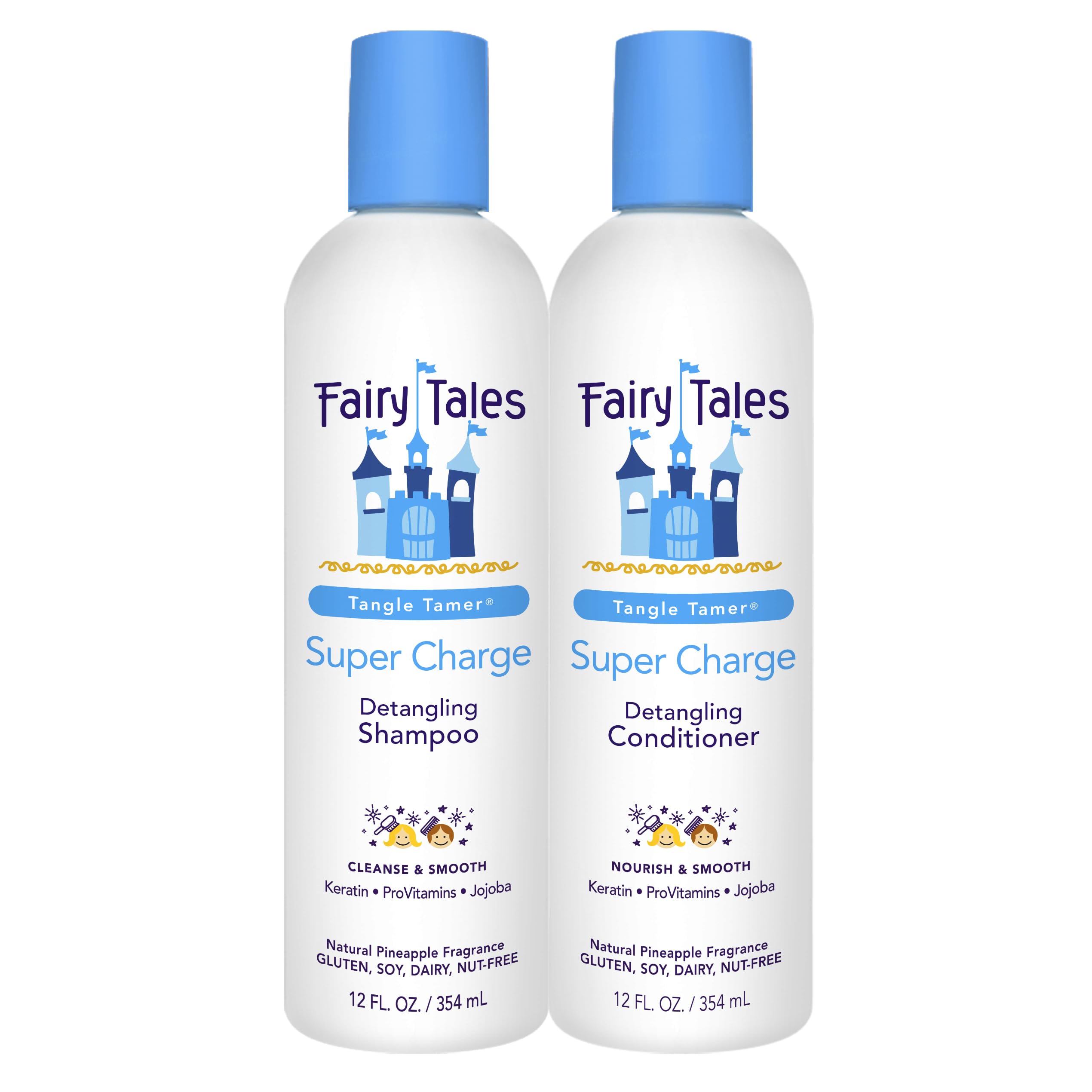 Fairy Tales Tangle Tamer shampoo bottle shows detangling moisture for kids' hair.