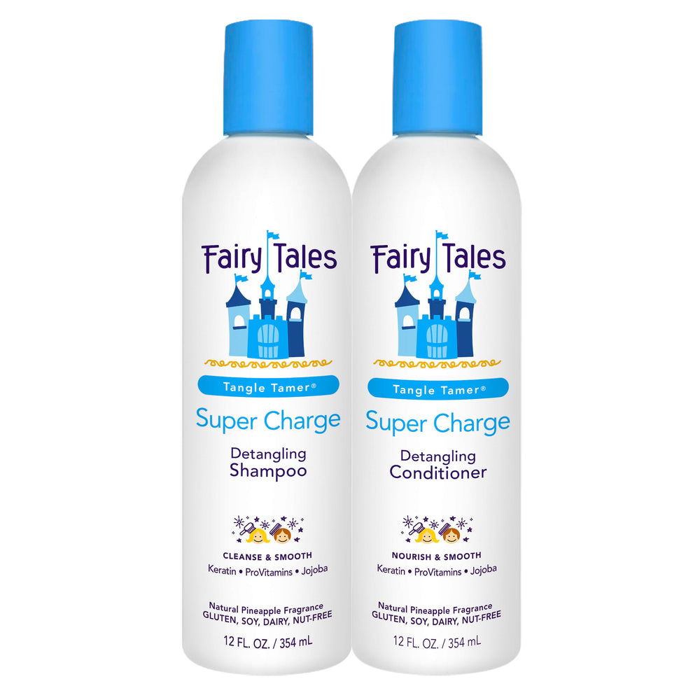 Fairy Tales Tangle Tamer shampoo bottle shows detangling moisture for kids' hair.