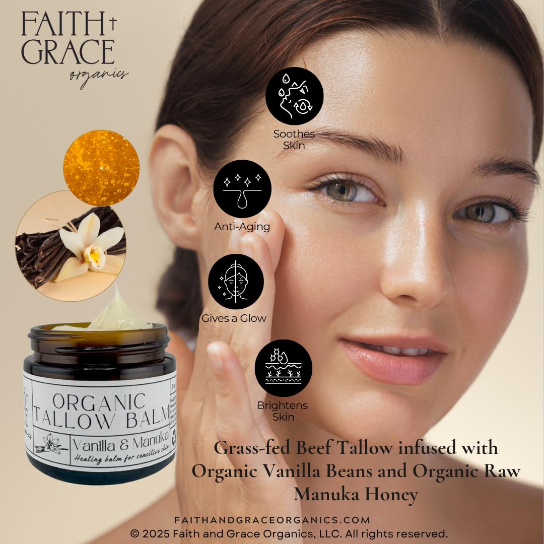 Faith and Grace Organics Vanilla-Manuka-Tallow texture close-up emphasizes rich, nutrient-dense moisture.