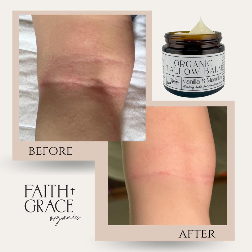 Faith and Grace Organics Vanilla Bean Aroma Balm on skin highlights soothing scent and antioxidant protection.