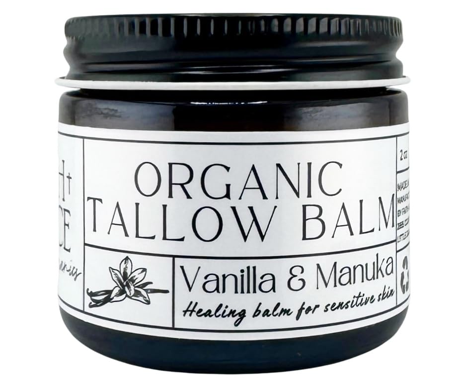 Faith and Grace Organics Vanilla Manuka Tallow Balm jar closeup offers rich, hydrating moisture.