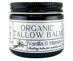 Faith and Grace Organics Vanilla Manuka Tallow Balm jar closeup offers rich, hydrating moisture.