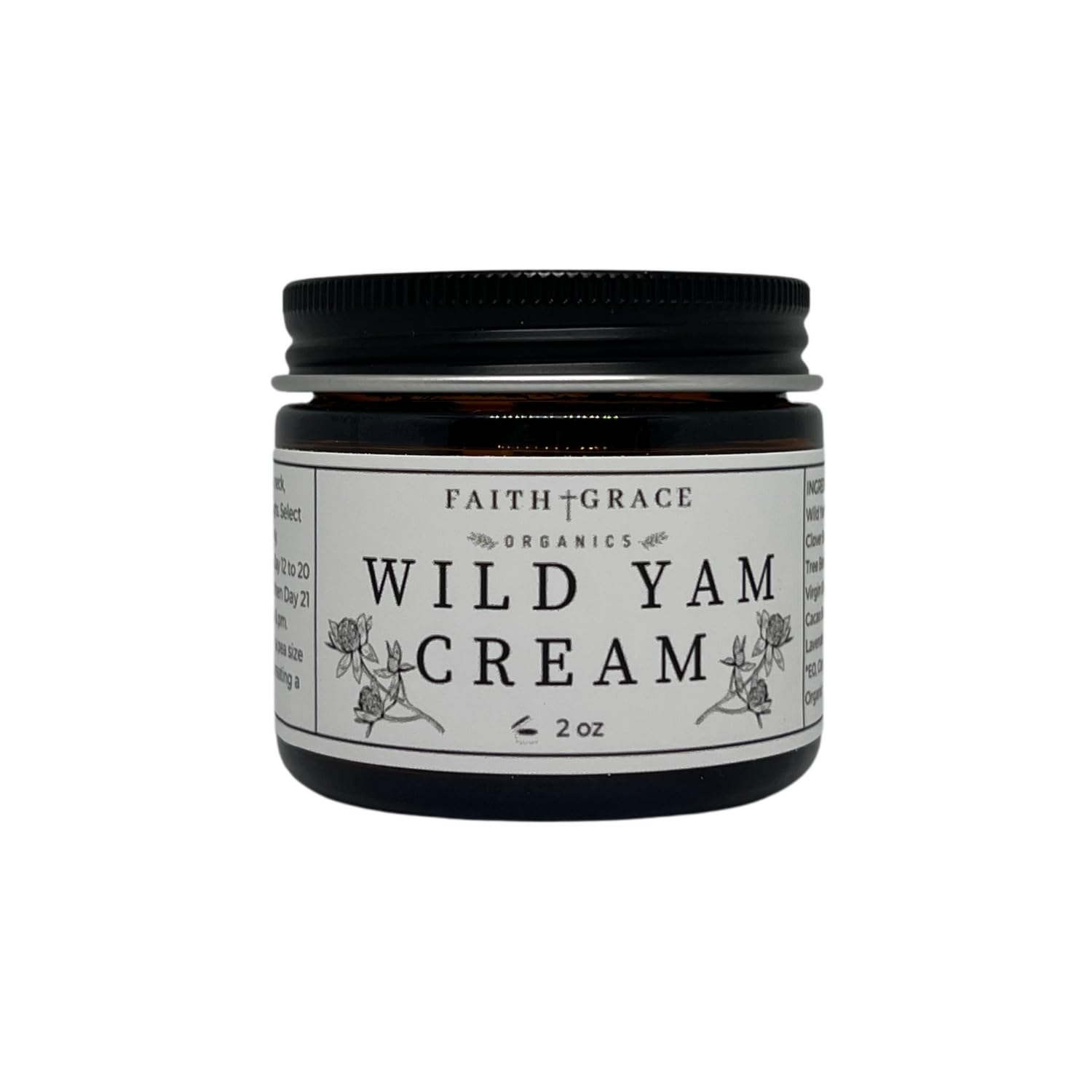 Faith and Grace Organics Wild Yam Cream bottle front highlighting organic formula for daily moisturization