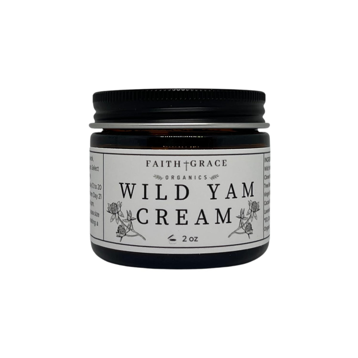 Faith and Grace Organics Wild Yam Cream bottle front highlighting organic formula for daily moisturization