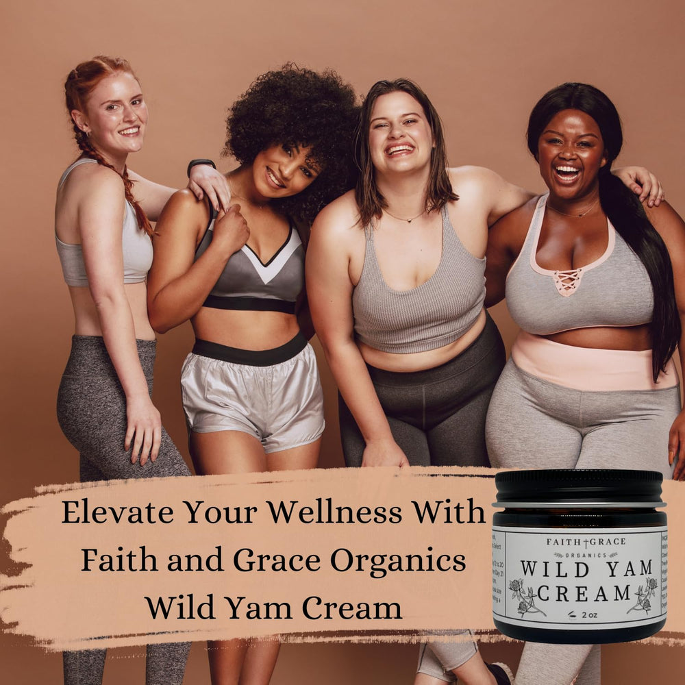 Faith and Grace Organics Wild Yam Cream ingredients highlighted, showcasing natural botanicals for skin nourishment