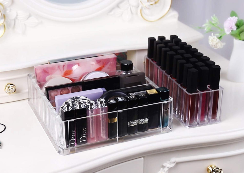 FAJ clear acrylic makeup holder on vanity demonstrates easy grab-and-go storage.
