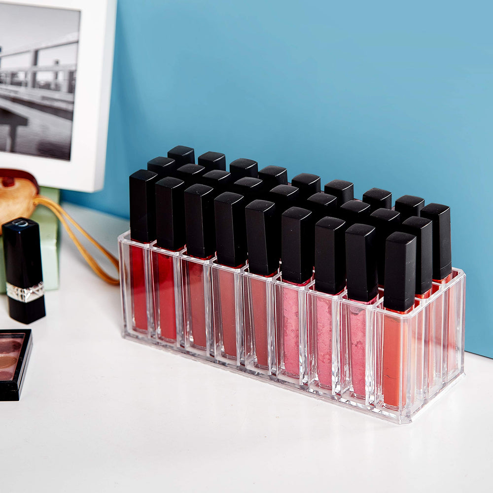 FAJ 27-space organizer accommodates lip glosses, palettes, liners, and brushes at a glance.