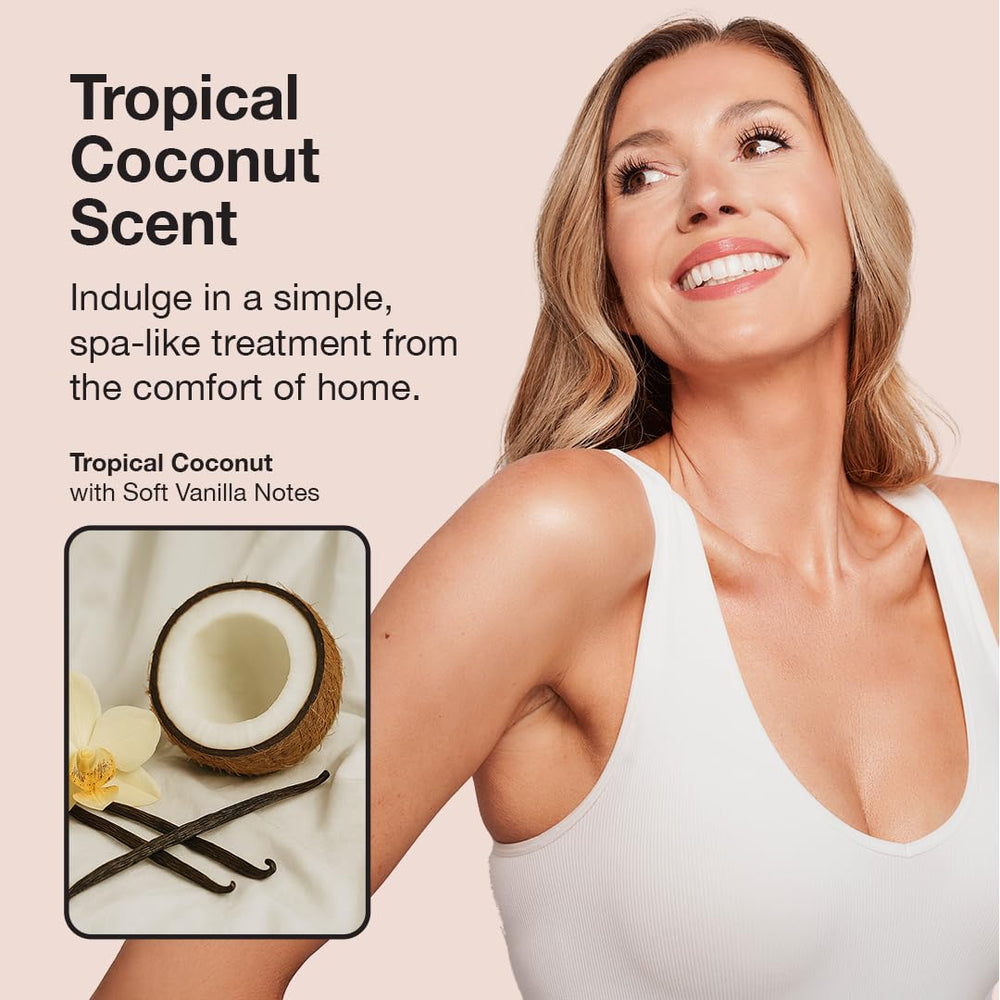 Fake Bake Flawless Coconut Serum body bronze illustrates full-body glow with streak-free finish.