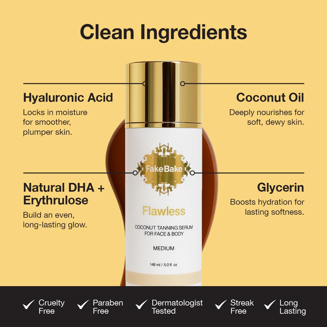 Fake Bake Flawless Coconut Serum hyaluronic-acid closeup features moisturising, plumping benefits.
